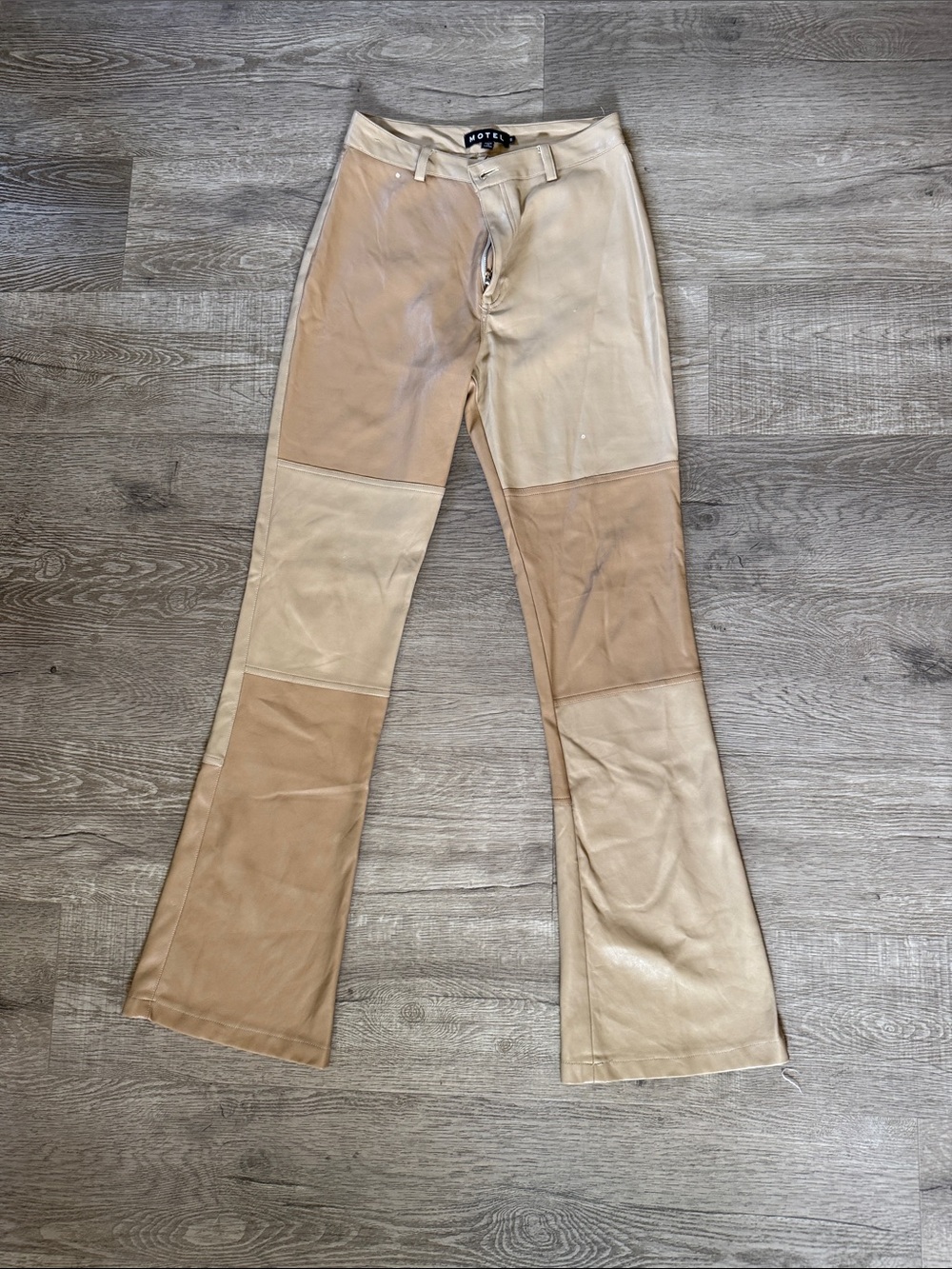 Motel Rocks Patchwork Leather Flare Pants in Beige and Tan
